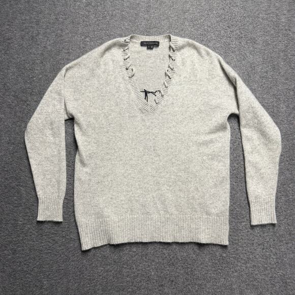 Skull Cashmere Sweater Womens Small Gray Cow Skull V-Neck Goth Grunge - Picture 2 of 6